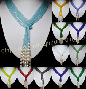 "Collana Sciarpa Perla Bianca 3 Fili Pietra Preziosa Naturale 4mm Pietra Perla 7-8mm 50"" - Foto 1 di 43