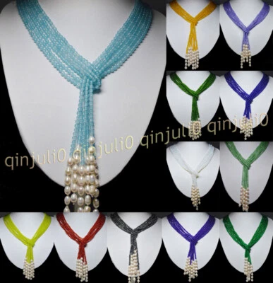 3 Strands Natural 4mm Gemstone Round Beads 7-8mm White Pearl Scarf Necklace 50'' - Image 1 of 4