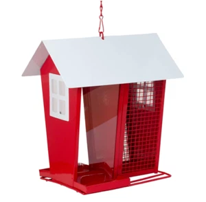 Futterhaus mit Dach Metall Rot weiß Hängen Vogelhaus Futterstation - Bild 1 von 5