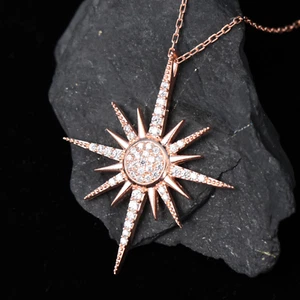 1ct Round Lab Created Diamond Starburst North Star Necklace 14k Rose Gold Finish - Picture 1 of 5