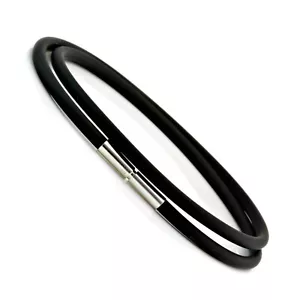 Herren / Damen Doppel Wickel Gummi Armband – 3mm Schwarz – Sterlingsilber Spange - Picture 1 of 7