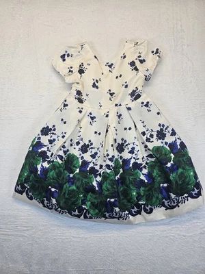 Janie and Jack Ivory, Green Blue  Floral Short Sleeve Tulle Party Dress Size 4 - Image 1 of 4
