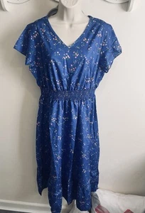 NEW Floral Blue midi dress s 14 Short sleeve Chiffon V Neck 💕Elast Waist Roses - Picture 1 of 6