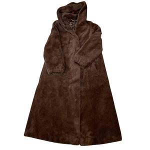 Abrigo con capucha de piel sintética para mujer mediano marrón forrado clásico manga larga frente abierto - Imagen 1 de 4