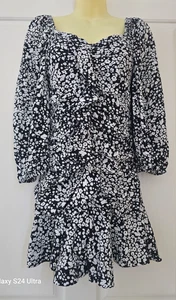 ZARA Damen Gr./S Minikleid Ballonärmel weiß schwarz Print Rüschen Rüschen - Bild 1 von 11