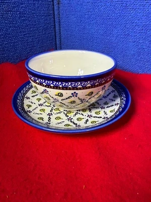 Boleslawiec Cuenco Redondo y Plato Cerámica Pulida Patrón Amarillo Azul Foto 1 de 4