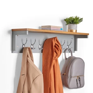 Coat Rack Wall Mounted w/ Shelf & 7 Double Hooks Grey for Door Hallway UK STOCK - Picture 1 of 19