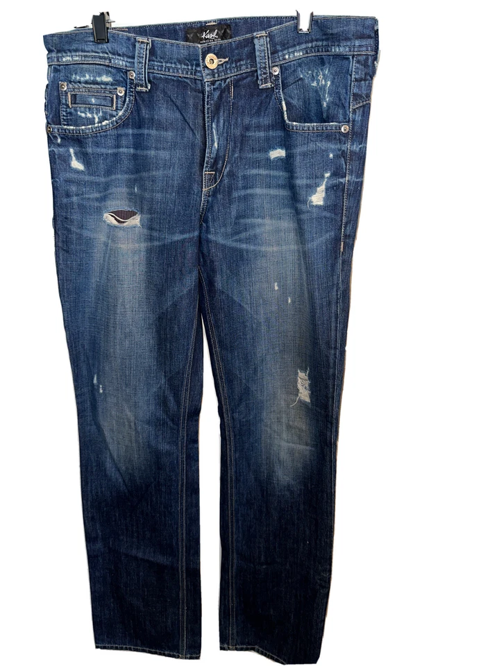 Pantalones de mezclilla Kasil azul oscuro 5 bolsillos aspecto salpicaduras calce recto para hombre talla 33W X 34L Foto 1 de 4