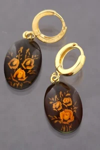 Carved Cameo Rose Genuine BALTIC AMBER Gold Plated Silver Earrings 3.4g 50206-10 - Picture 1 of 6