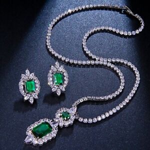 14k Platinum Plated Green Tennis Necklace Earrings Set made w Swarovski Crystal
