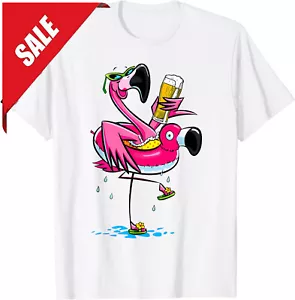 Flamingo Drinking Beer Summer Funny Beer Lover Unisex T-Shirt - Picture 1 of 7