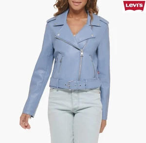 LEVI'S NWT $180 FAUX LEATHER FASHION BELTED COUNTRY BLUE MOTO JACKET. SIZE XS - Picture 1 of 14