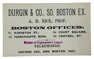 ANTIQUE BUSINESS CARD – DURGIN & CO., EXPRESSMEN’S LEAGUE, SO. BOSTON - Picture 1 of 3