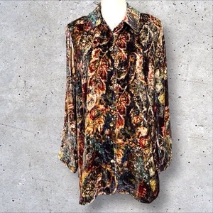 Weiche Umrandung Seide Samt Dichter Tunika Shirt große ICON Blumen Boho Mondschein - Bild 1 von 12