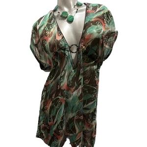 Camicetta donna Rebecca Virtue verde e corallo trasparente bohemien taglia large 12 14 - Foto 1 di 13