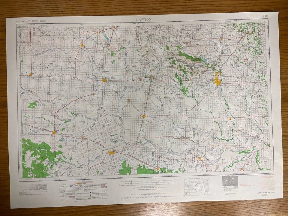 Vintage USGS Lawton Oklahoma Texas 1955 1962 Topographic Map  1:250000 - Image 1 of 1