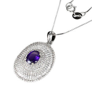 Unheated Oval Purple Amethyst 8x6mm White Topaz 925 Sterling Silver Necklace 18