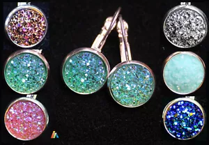 925 SILVER STAMPED EARRINGS & SPARKLY RESIN DRUZY CABOCHON  24X12mm  LEVER BACK. - Picture 1 of 10