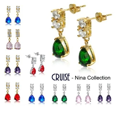 Yellow / White Gold Round Stud & Pear Drop Dangle Flawless Gemstones 22x7mm BOXD - Image 1 of 2