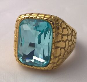 G-Filled 18kt yellow gold simulated Men's blue topaz ring Gents oblong US 9 AU S