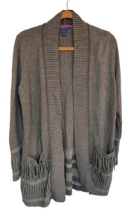 Isaac Mizrahi True Denim Stripe Border Open Front Cardigan Olive Green Size S - Picture 1 of 3
