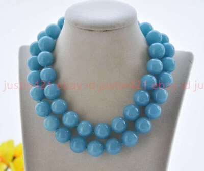 Huge 14mm Natural Blue Aquamarine Jade Round Beads Gemstone Necklace 36" - Image 1 of 4