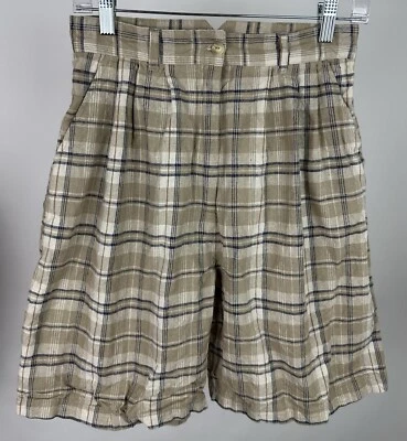 Pantalón Corto Vintage Años 90 Mezcla Lino Beige Cuadros Cintura Ultra Alta Mamá MUJER S Foto 1 de 4