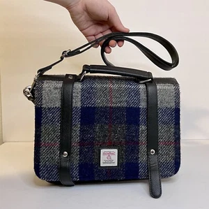 Harris Tweed Mini Messenger Bag Navy Plaid Zipped Pockets Shoulder Strap Wool - Picture 1 of 16