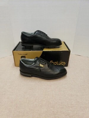 Footjoy DryJoys 男式 7.5 码高尔夫鞋黑色皮革牛津鞋 53634 — 第 1/4 张图片