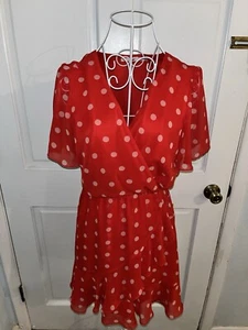 FRANCESCA’S COLLECTION RED POLKA DOT MIDI DRESS WITH FLUTTER SLEEVES & V-NECK. S - Picture 1 of 7