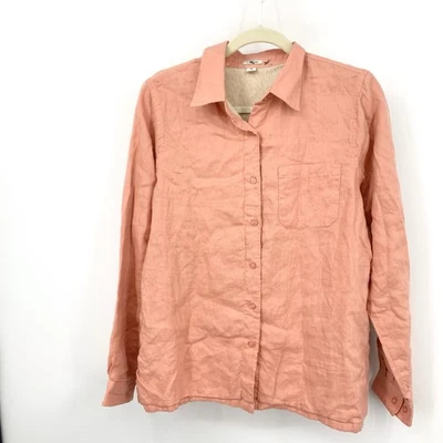 LL Bean Women Size Medium Shirt Coral Pink Button Down Top Lined Linen - Image 1 of 4