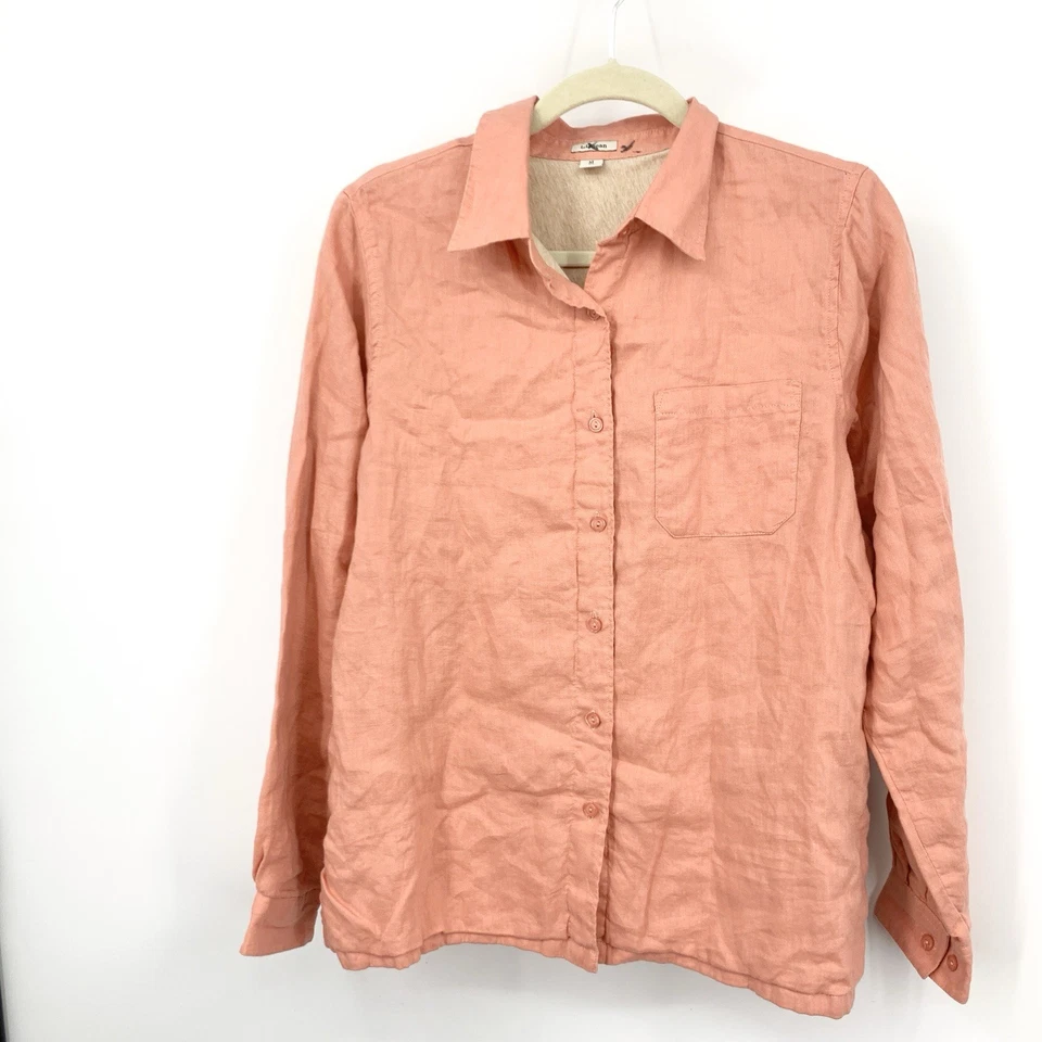 Camisa feminina LL Bean tamanho médio coral rosa botão para baixo forro superior linho - Imagem 1 de 4