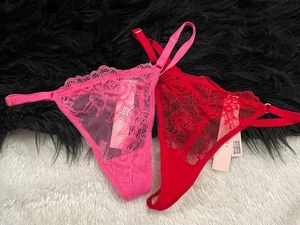VICTORIA'S SECRET Adjustable Side Straps V-STRING Panty Lot Pink Red FLORAL Lace - Picture 1 of 3