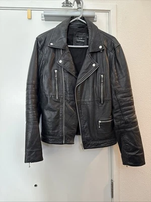 Chaqueta de motociclista Topman de cuero negro genuino - mediana para hombre  Foto 1 de 4