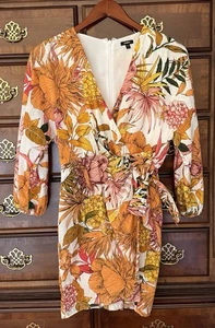 Express Floral Leinenmischung V-Ausschnitt Langarm Bindeband Wickel Min Etuikleid XS gefüttert - Bild 1 von 6