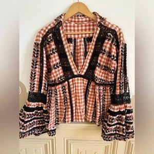 Dodo Bar Or Angel M Gingham Spitze bestickt gesmokte Bluse Top Glockenärmel - Bild 1 von 5