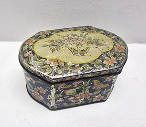 Vintage Hinged Tin Octagonal Butterflies Flowers Deep Blue Made In England - Picture 1 of 14