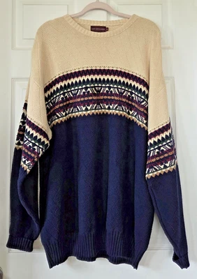 CHAPS - RALPH LAUREN Men's Ivory & Navy Fair Isle Sweater 100% Cotton Size XL - Image 1 of 4