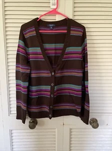 CHAPS BROWN MULTICOLOR STRIPE CARDIGAN SWEATER SIZE LARGE - Picture 1 of 3