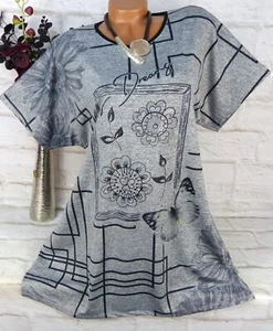 Damen Shirt Tunika Bluse Top Oversize Strass Glitzer Grau Baumwolle Jersey 46 48 - Bild 1 von 7