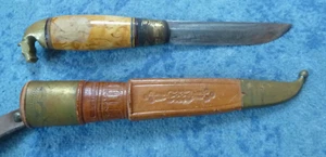 Vecchio coltello da seme finlandese Kauhava, coltello da caccia con fodero in pelle cerniera in ottone. - Foto 1 di 10