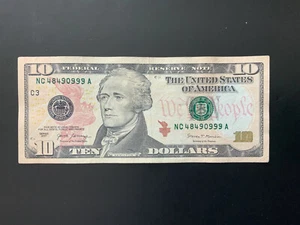 2017 $10 DOLLAR BILL NC48490999A overink on the serial number - Picture 1 of 4