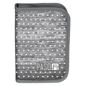 KINDER FEDERMAPPE 22-TEILIG MIT INHALT STIFTE LINEAL ETC. HERZCHEN MUSTER GRAU - Bild 1 von 3