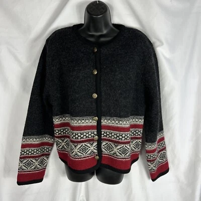 VTG Tally Ho Grey Red Nordic Classic 100% Wool Cardigan Sweater Women’s Petite L - Image 1 of 4