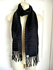 BANANA REPUBLIC Scarf Lambwool Angora Black Loose Knit 7.5"x64" Fringed Warm - Picture 1 of 5