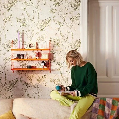 Distressed Faux fabric Textured off white cream green tree branches wallpaper 3D - Image 1 of 4