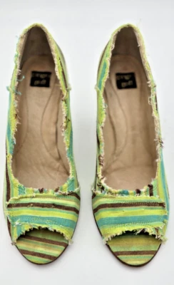 Tacones Ginger Goff Peep Toe 7 para mujer verdes a rayas deshilachados madera 3" tacones boho Foto 1 de 4