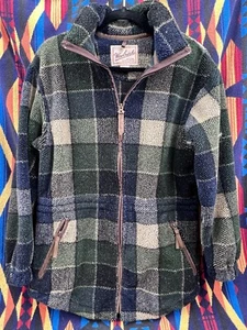 Woolrich Womens Small Full Zip Deep Pile Fleece Green Blue Plaid Cinch Waist - Picture 1 of 6