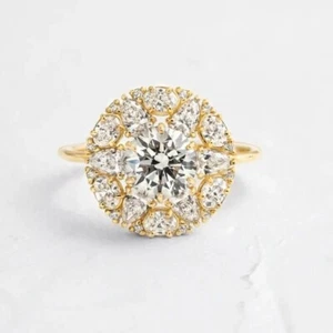 1.5ct Round Cut Moissanite Halo Women Engagement Ring 14k Yellow Gold Plated - Picture 1 of 7