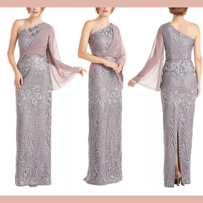 NEW $348 JS COLLECTIONS [ 8 ] Amari One-shoulder Evening Gown In Steel #Q1054 - Image 1 of 4